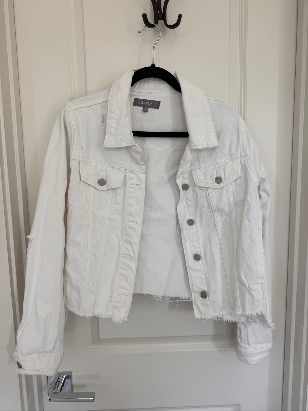 Just USA White Cropped Distressed Denim Jacket